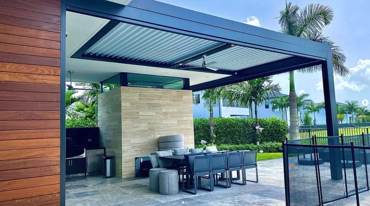 Dark pergola with kitchen and LED lighting