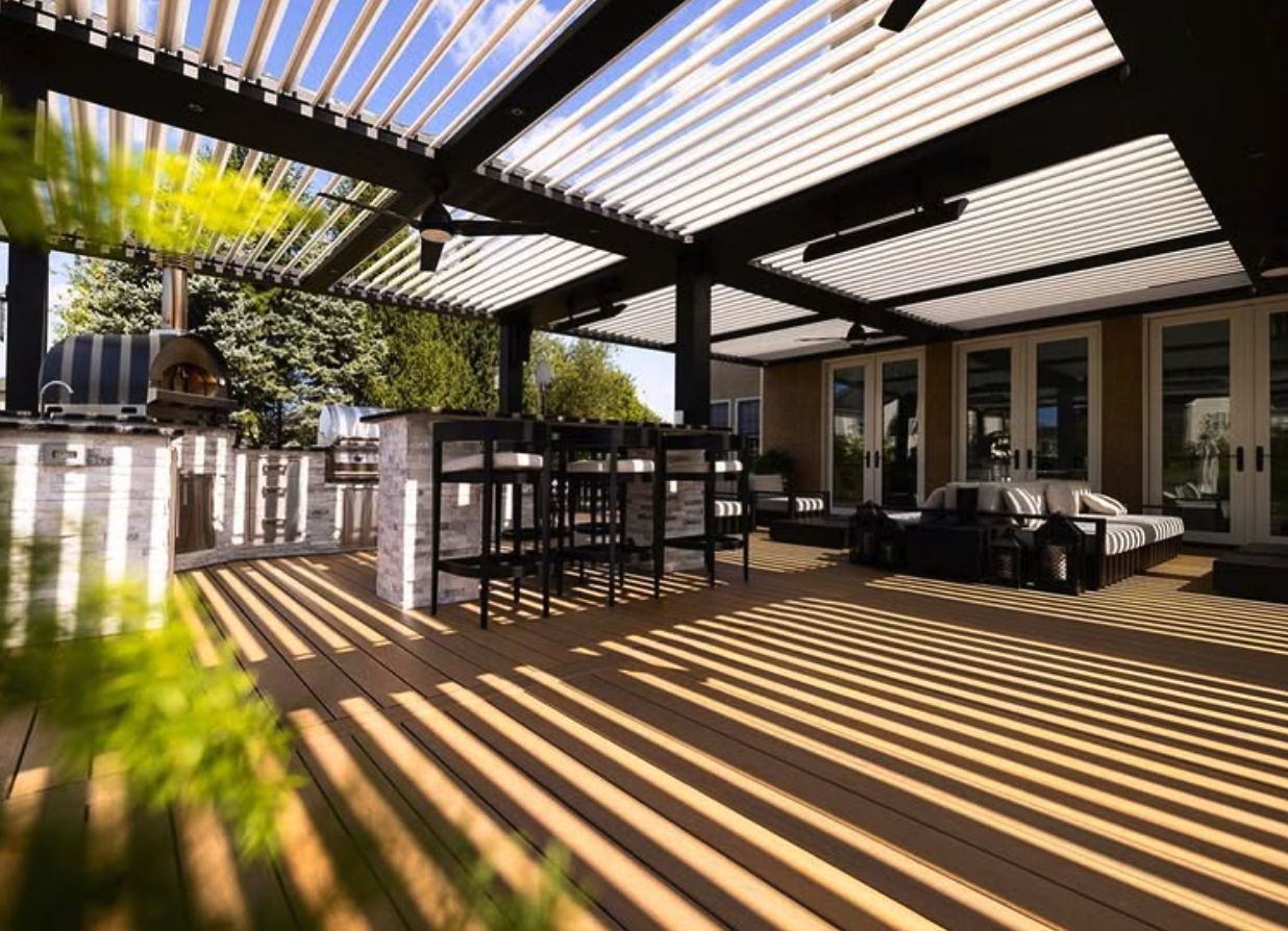 Deck with pergola array and outdoor kitchen
