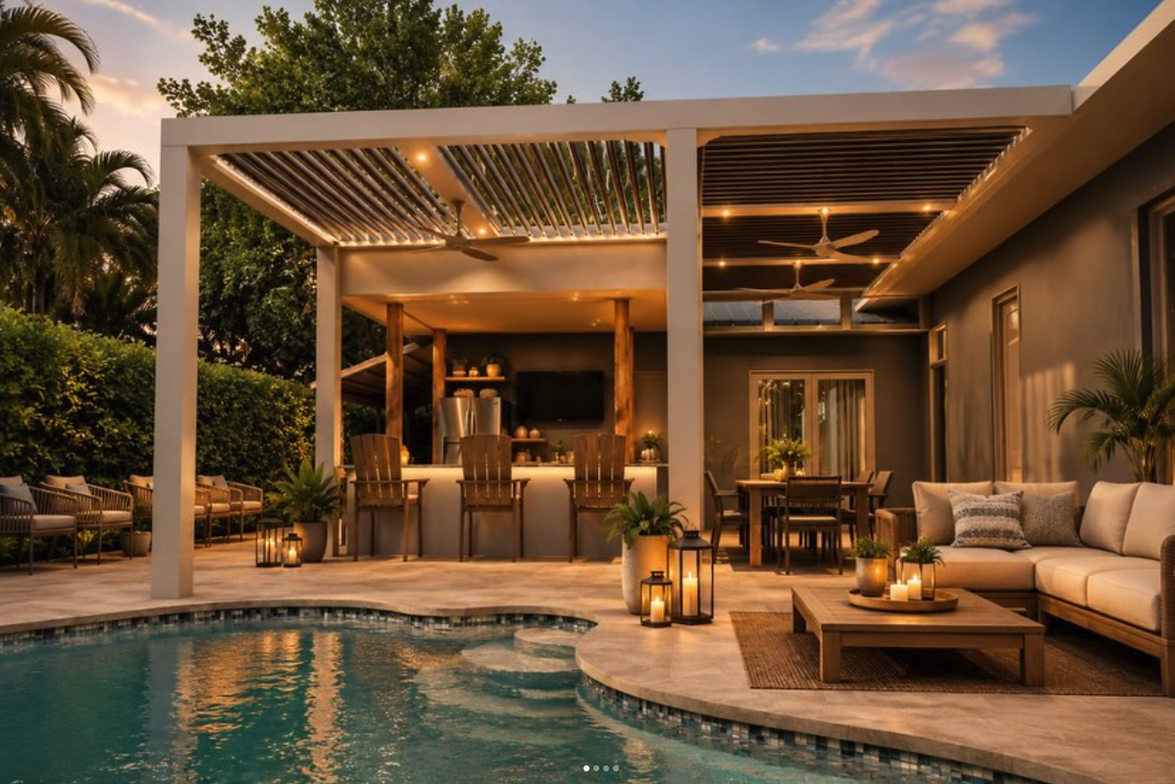Dusk view of pool cabana with pergola, outdoor kitchen, and integrated landscape lighting