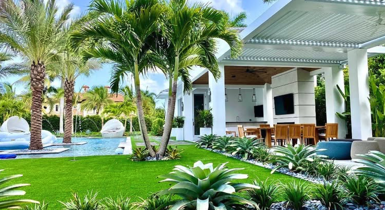 Sunset estate cabana with pool and integrated landscape